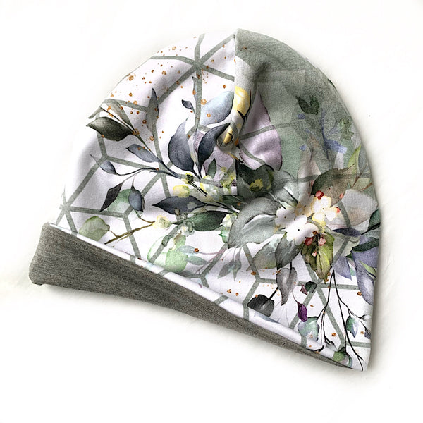 White & Floral Geo Slouched Beanie
